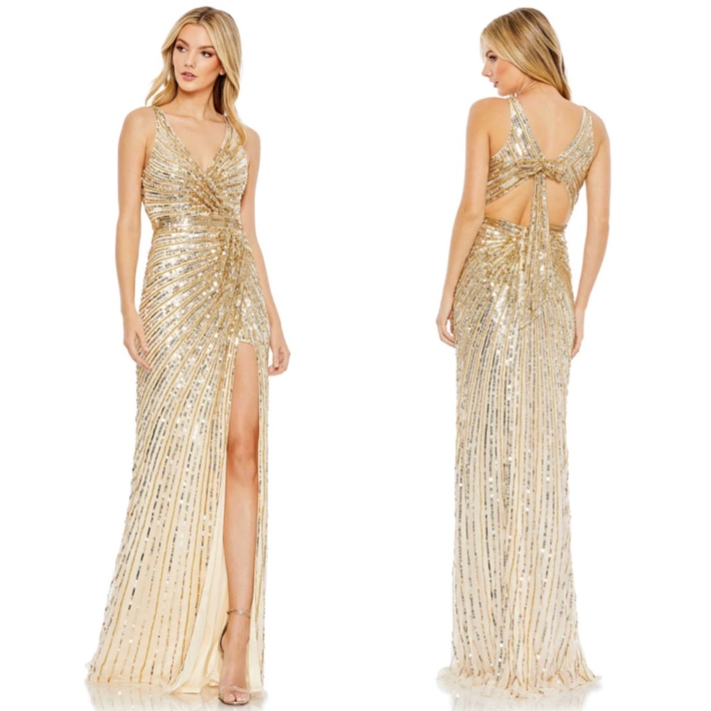 Mac Duggal Sequined Wrap Style Sleeveless Gown Maxi Dress 5685 in Gold Size 0